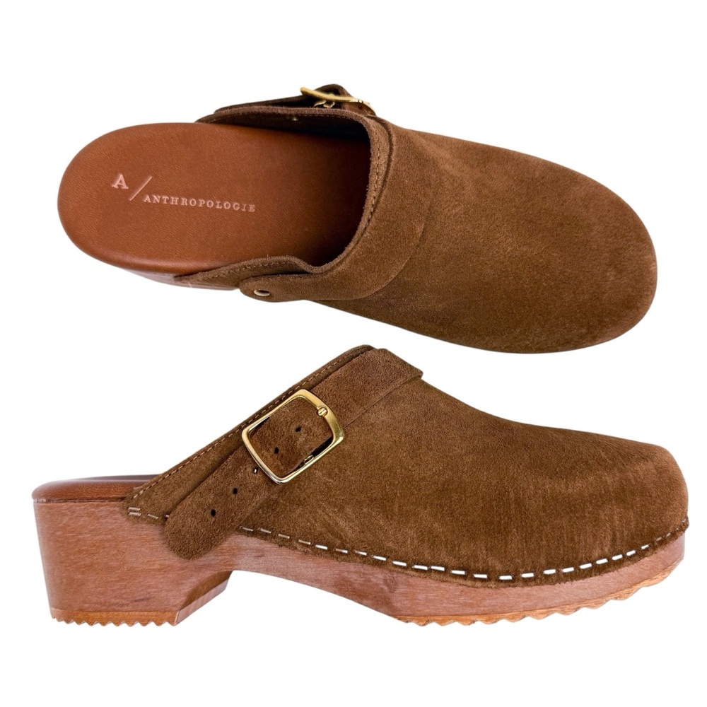 Anthropologie Tan Suede Clogs with Buckle